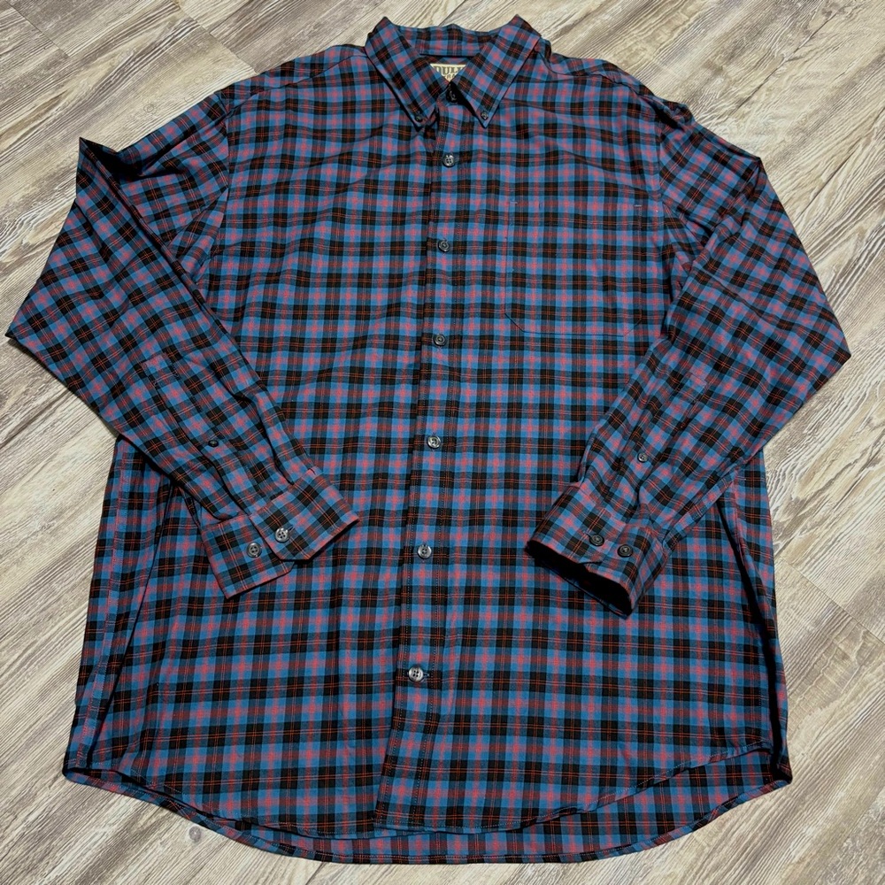 Duluth Trading Co Men's L Button Shirt Blue Red Plaid Cotton Blend Long Sleeve